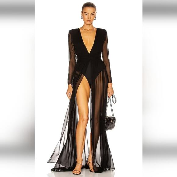 Retrofete Dresses & Skirts - Retrofete Angela Dress Black Silk Size XS Long Sleeve Sheer NWT V Neck